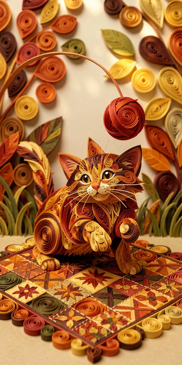 a kitten batting at a dangling ball of yarn, on a quilted patchwork blanket in a backyard, viewed from a low playful angle, in cozy autumn tones of amber and rust.