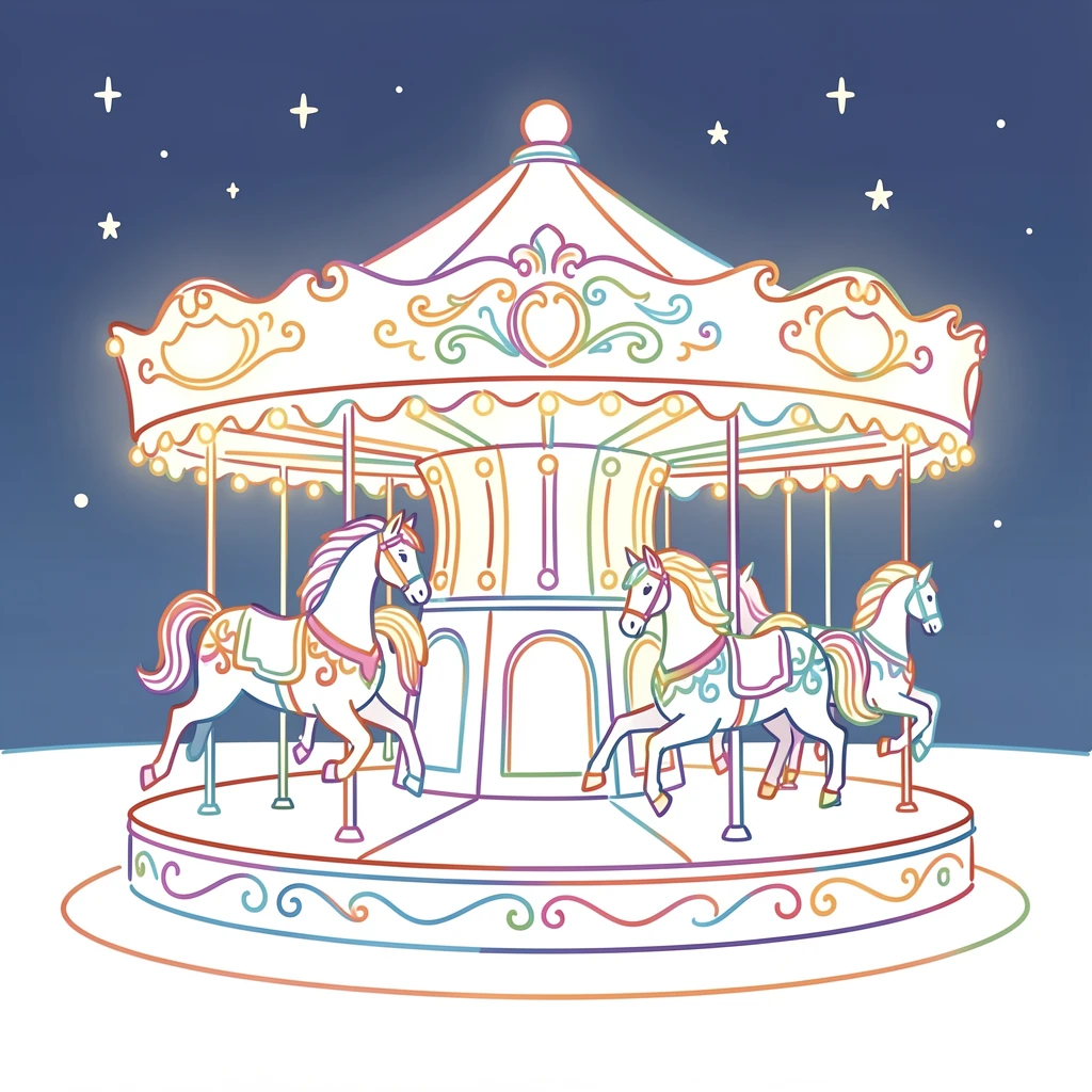 A carousel with ornately carved horses lit up at a nighttime fair.