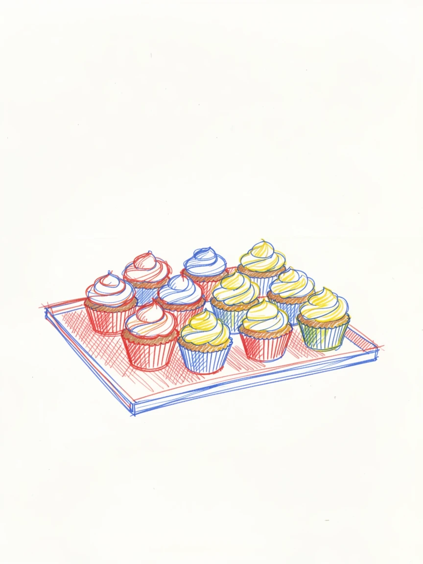 A tray of colorful cupcakes with swirled buttercream frosting