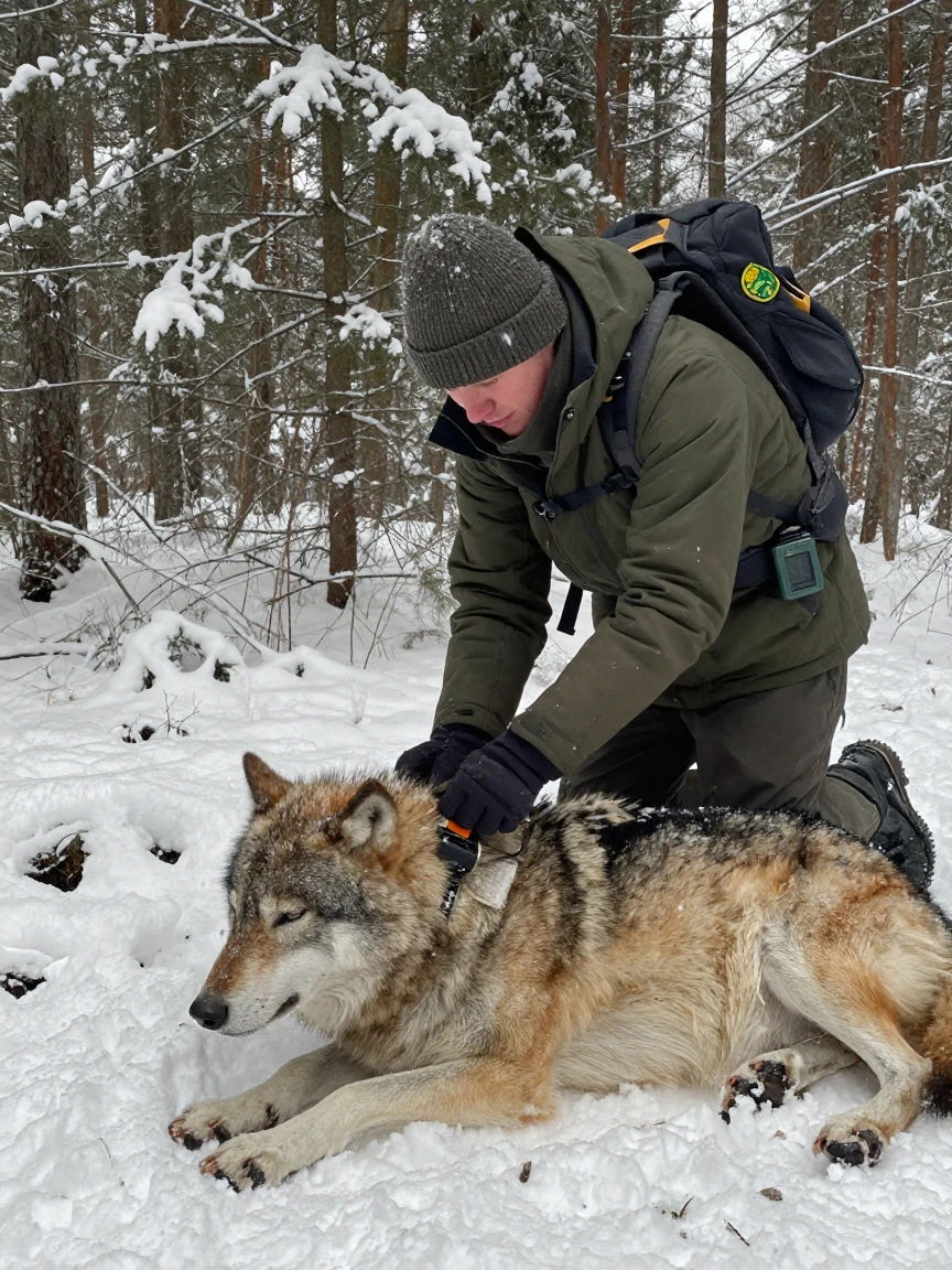 A wildlife researcher fits a radio collar on a tranquilized wolf in a snowy forest.