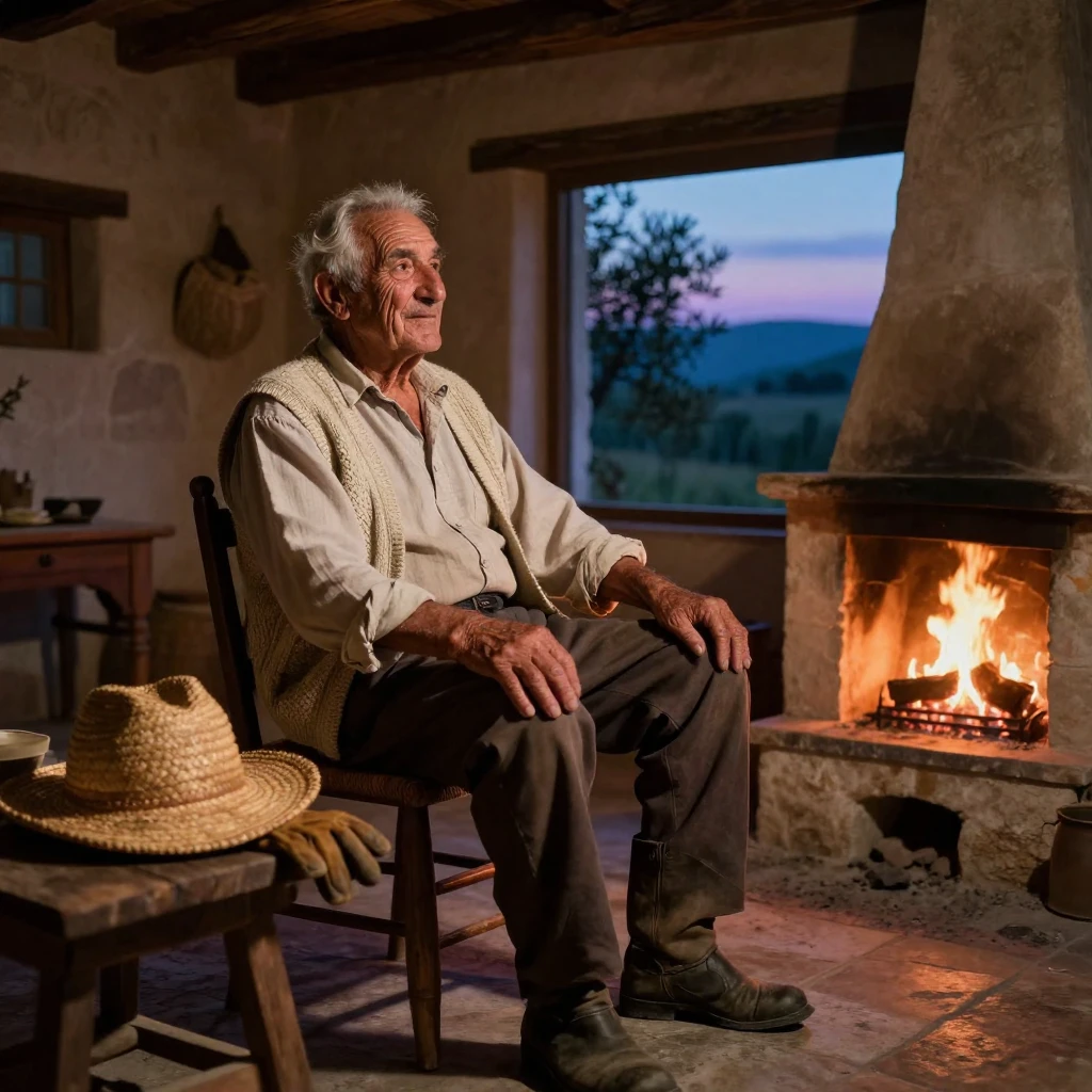 An elderly Greek farmer resting after a long day of work beside a crackling fireplace at dusk
