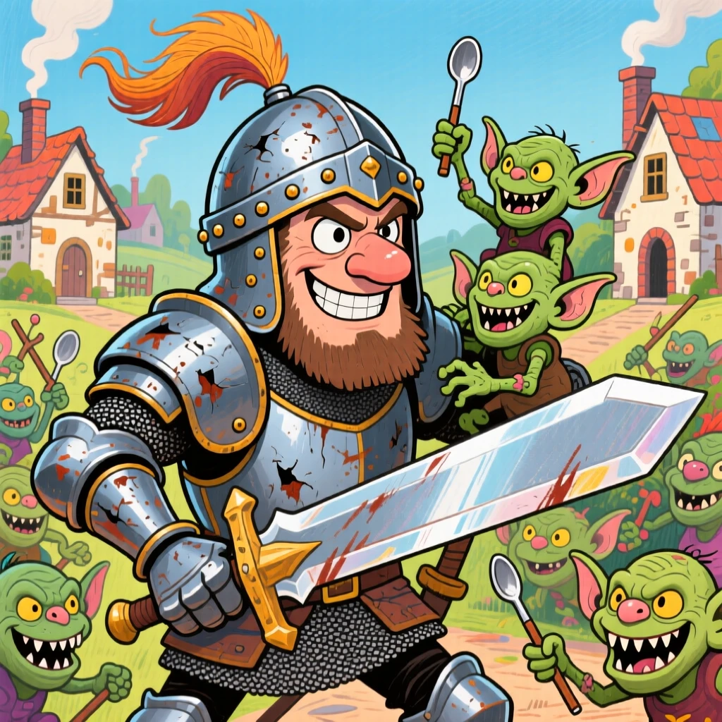 A brave knight defending a village from a horde of mischievous goblins.