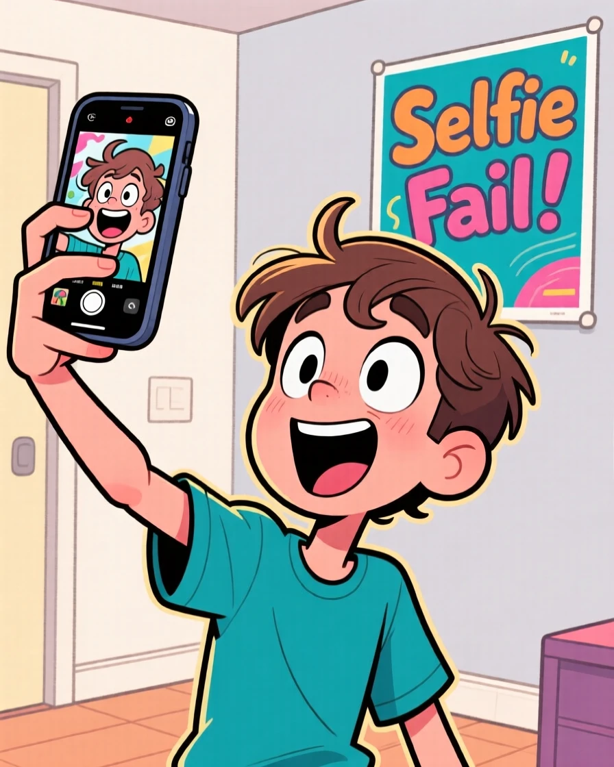 A funny expressive moment showing a teenager attempting a selfie that goes hilariously wrong, with wide eyes and an open-mouthed grin.