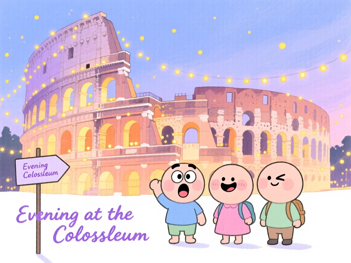 A dreamy travel postcard scene of the Colosseum glowing under twinkling evening lights
