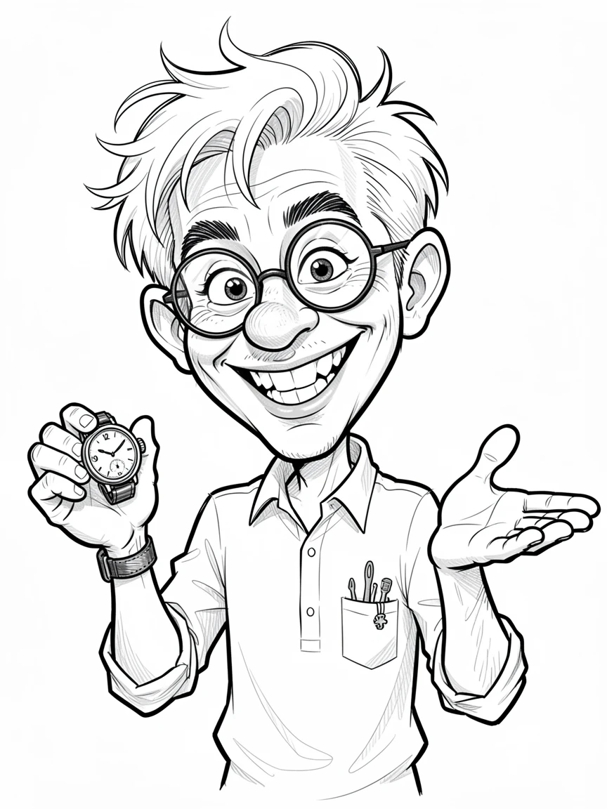 [People Portraits & Characters] Portrait of a cheerful watchmaker gesturing dramatically, full of personality and charm