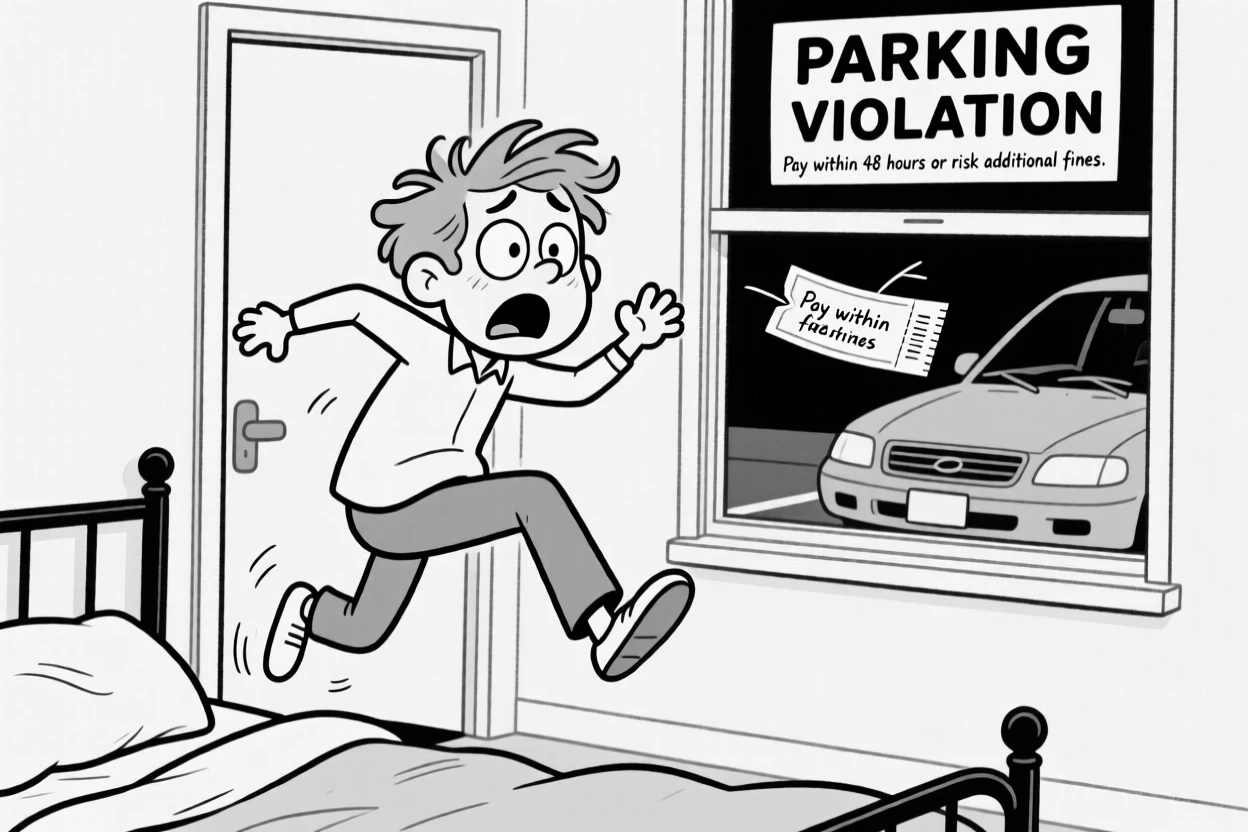 A late sleeper leaping out of bed in a panic, freezing mid-step with one foot dramatically raised, set in a tight apartment parking spot. A parking ticket flutters ominously under a wiper. The image turns a small mishap into pure comic gold.