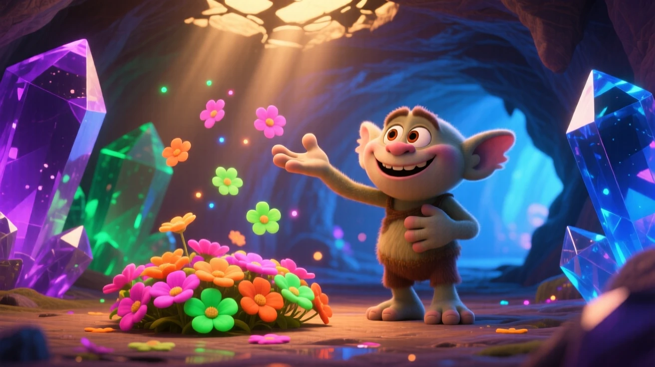 A friendly troll stands inside a crystal cave lit by glowing gems, floating gently above a field of flowers. The atmosphere feels mystical yet warmly inviting, with soft glowing light illuminating every surface.