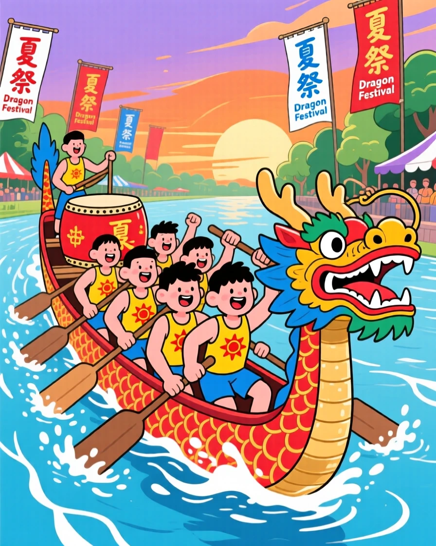 A dragon boat team paddling in unison during a summer festival.