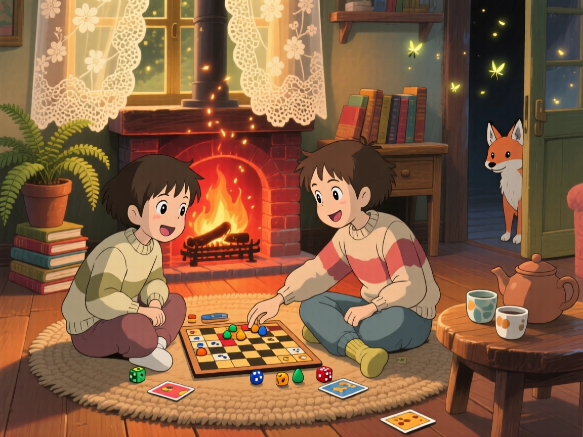 Two friends playing a board game on a rug by the fireplace, sunlight streaming through lace curtains, the whole scene feeling full of homely charm.