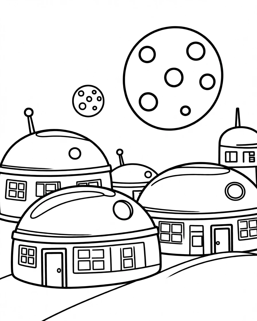 An alien city with dome-shaped buildings under two moons