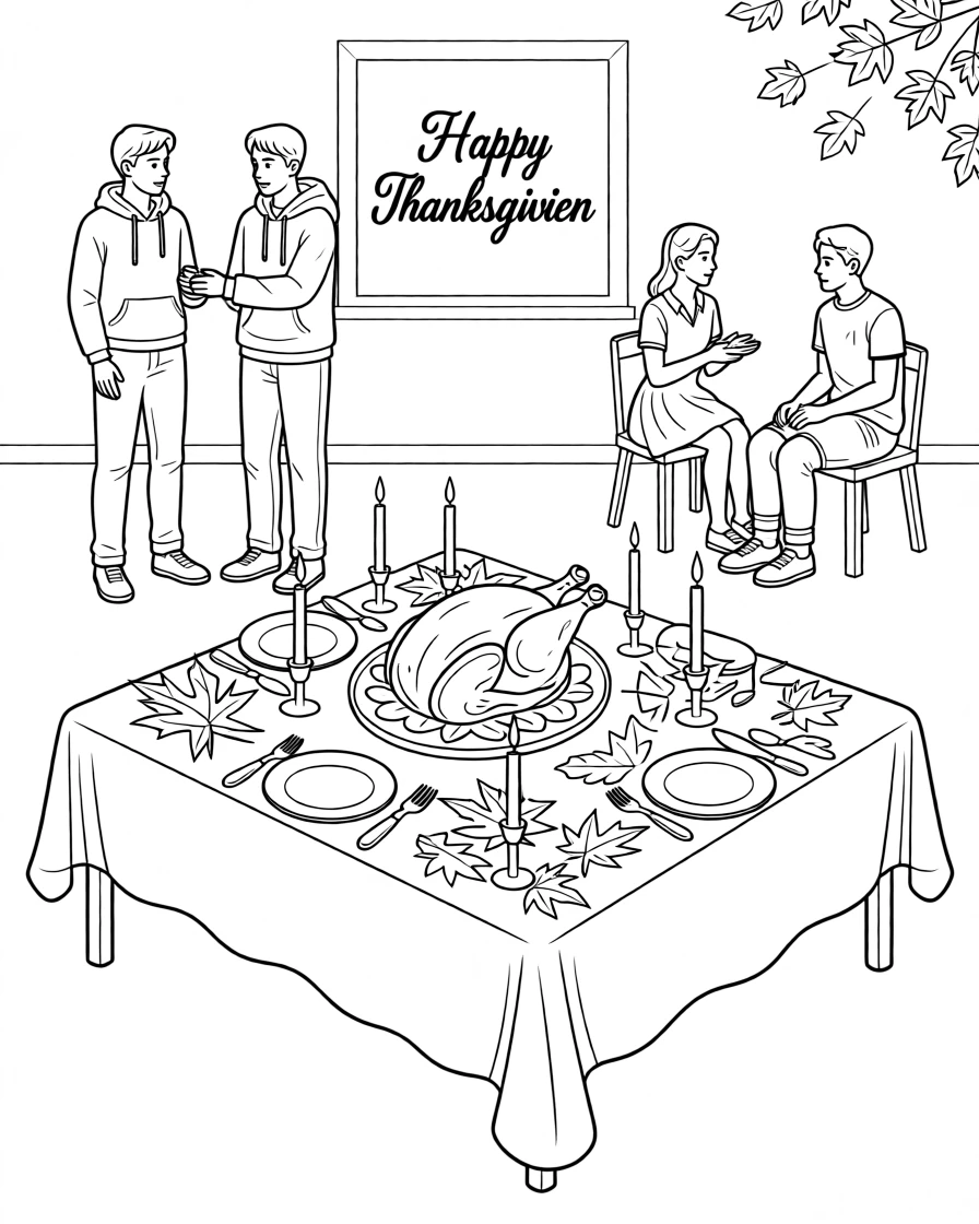 A table set for Thanksgiving with autumn leaves and candles, with silhouettes of people gathered nearby.