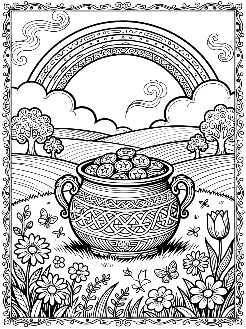 A springtime scene with a pot of gold beneath a rainbow.
