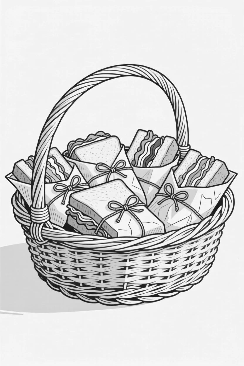 A basket of picnic sandwiches wrapped in paper