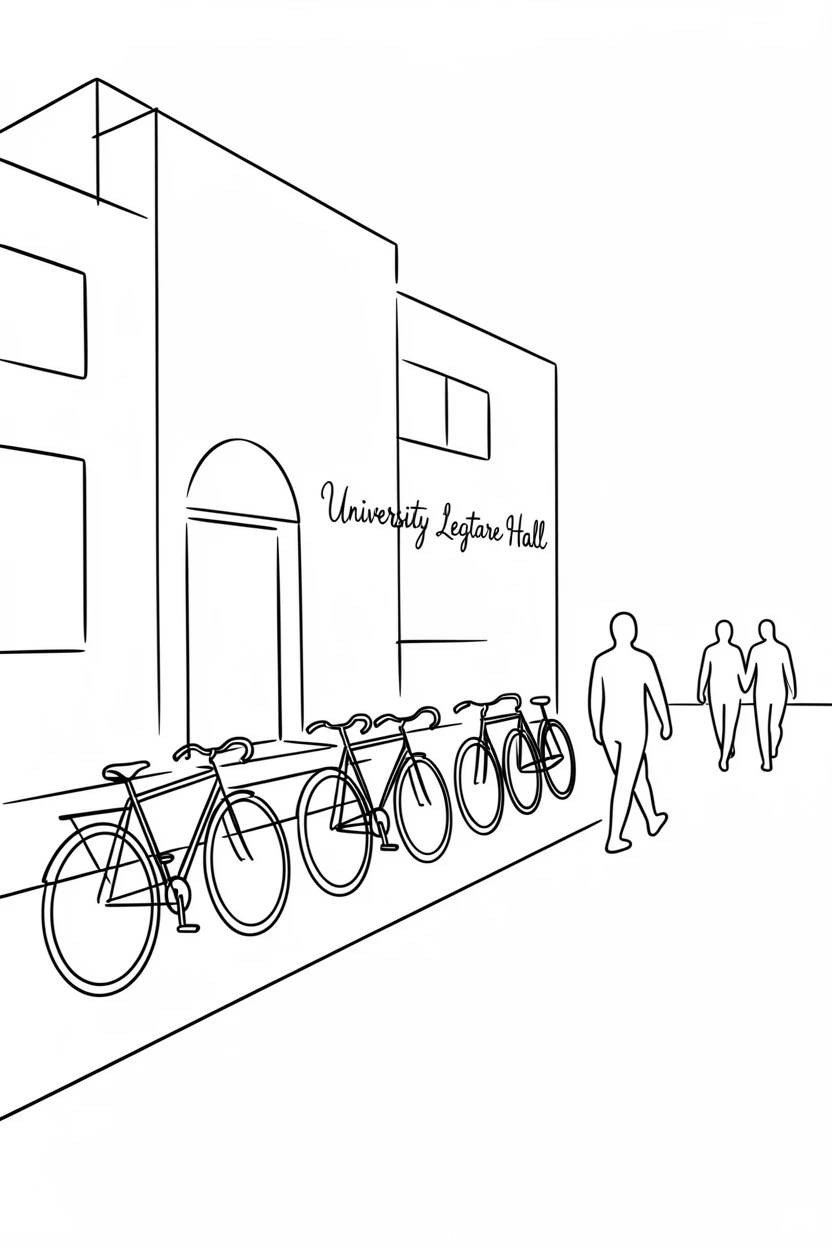 A bicycle-filled street outside a university lecture hall at midday