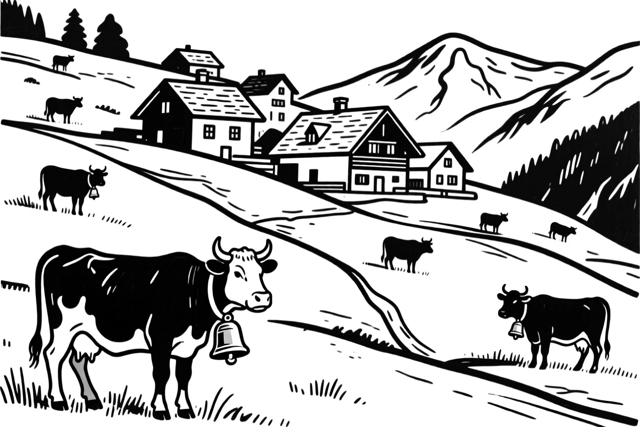 A Swiss alpine village with cows wearing bells grazing on a hillside.