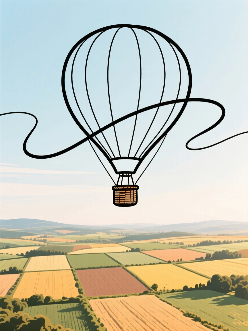A hot air balloon drifting peacefully above a patchwork countryside.