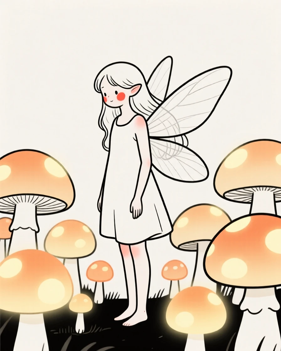 A forest fairy among glowing mushrooms, exuding gentle warmth.