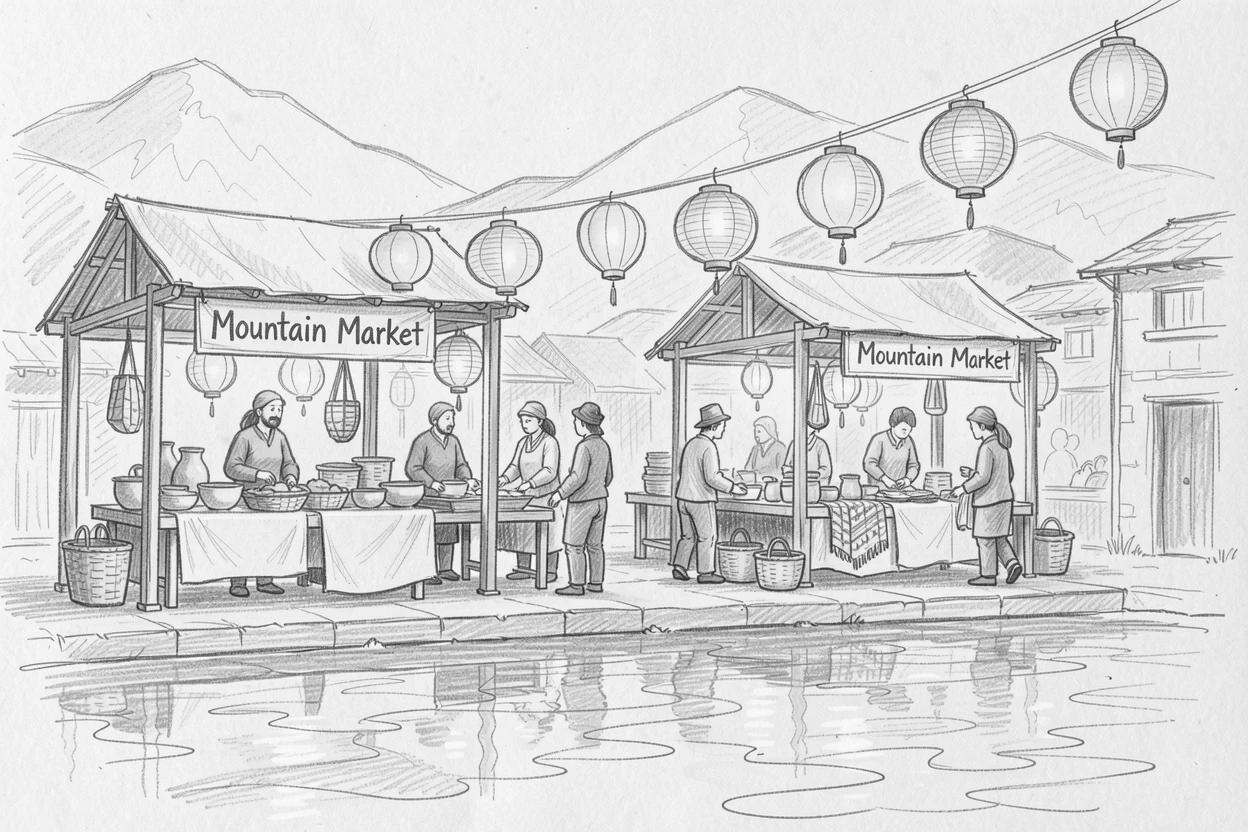 A rich travel moment capturing vendors selling goods beneath glowing paper lanterns in a remote mountain village, with reflections shimmering on calm water.