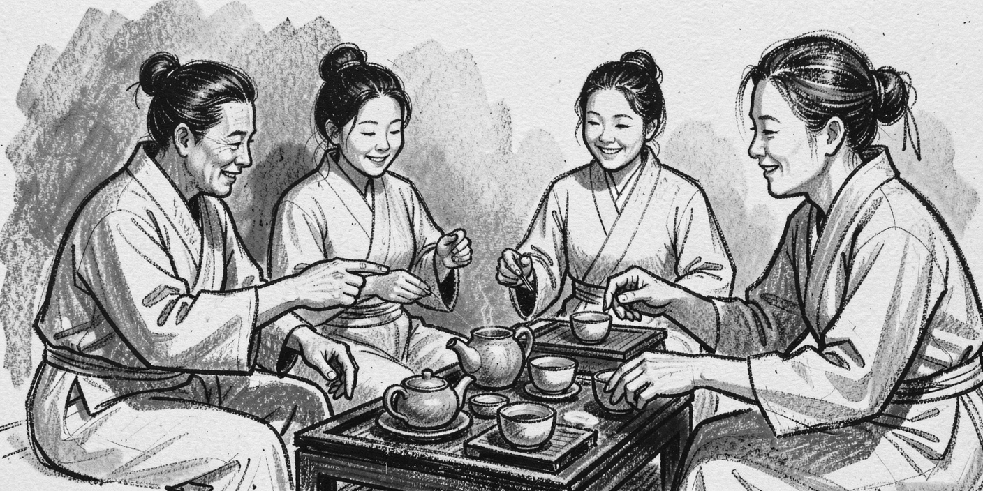 A traditional tea ceremony performed with quiet precision, with everyone smiling and full of warmth.