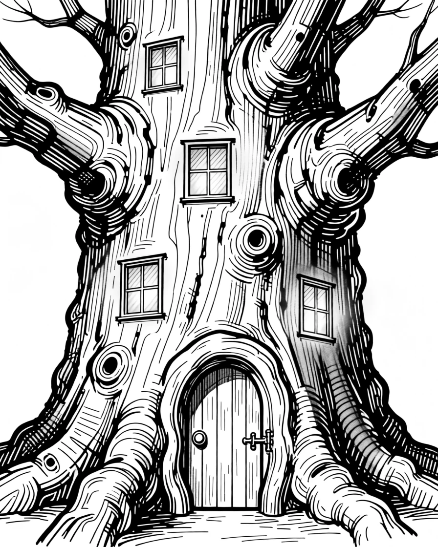 A giant tree with a tiny door and glowing windows built into its trunk.