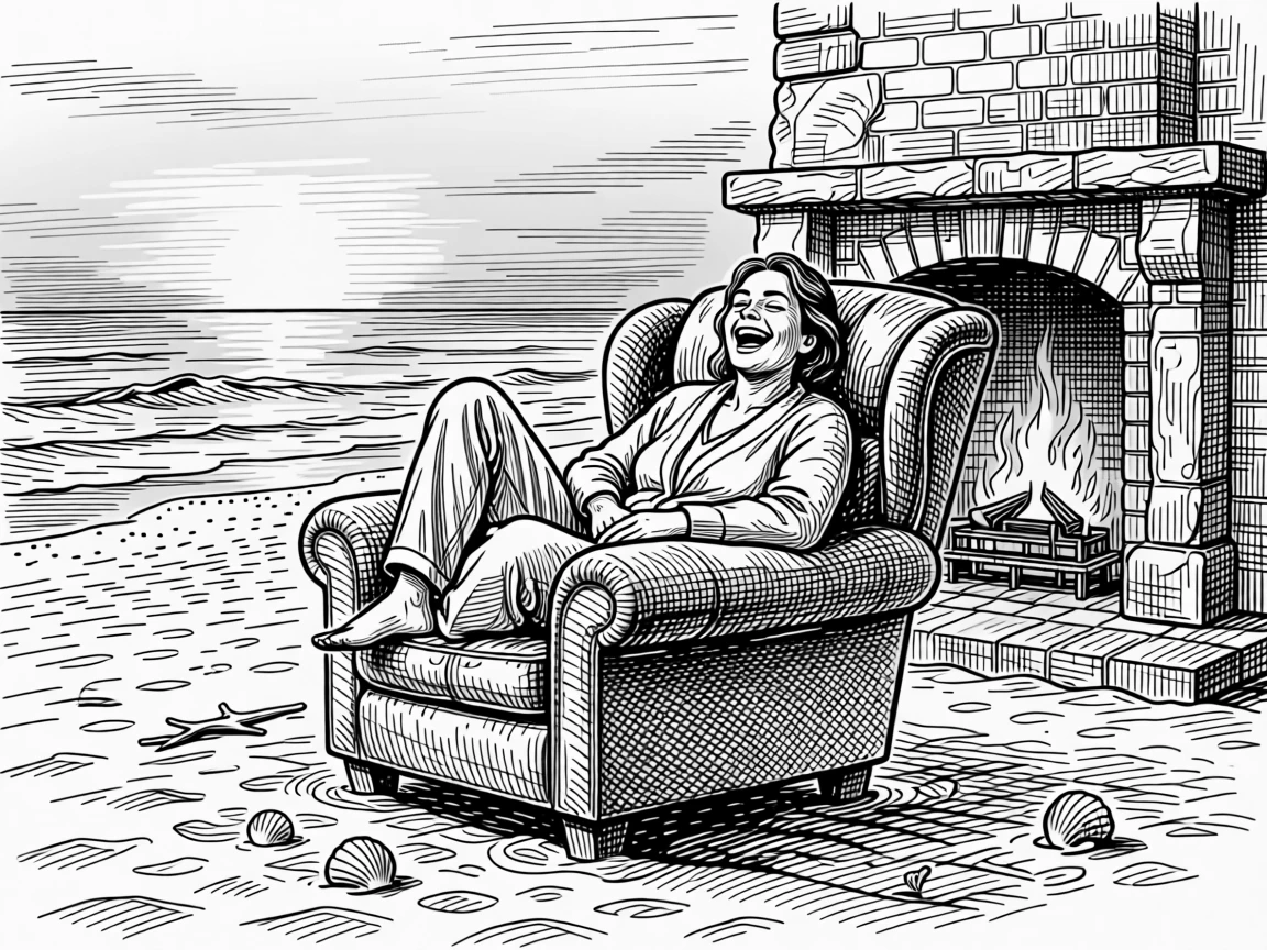 A reader curled up by a fireplace on a sandy beach at golden hour, with genuine laughter caught mid-moment, creating a peacefully content lifestyle scene.