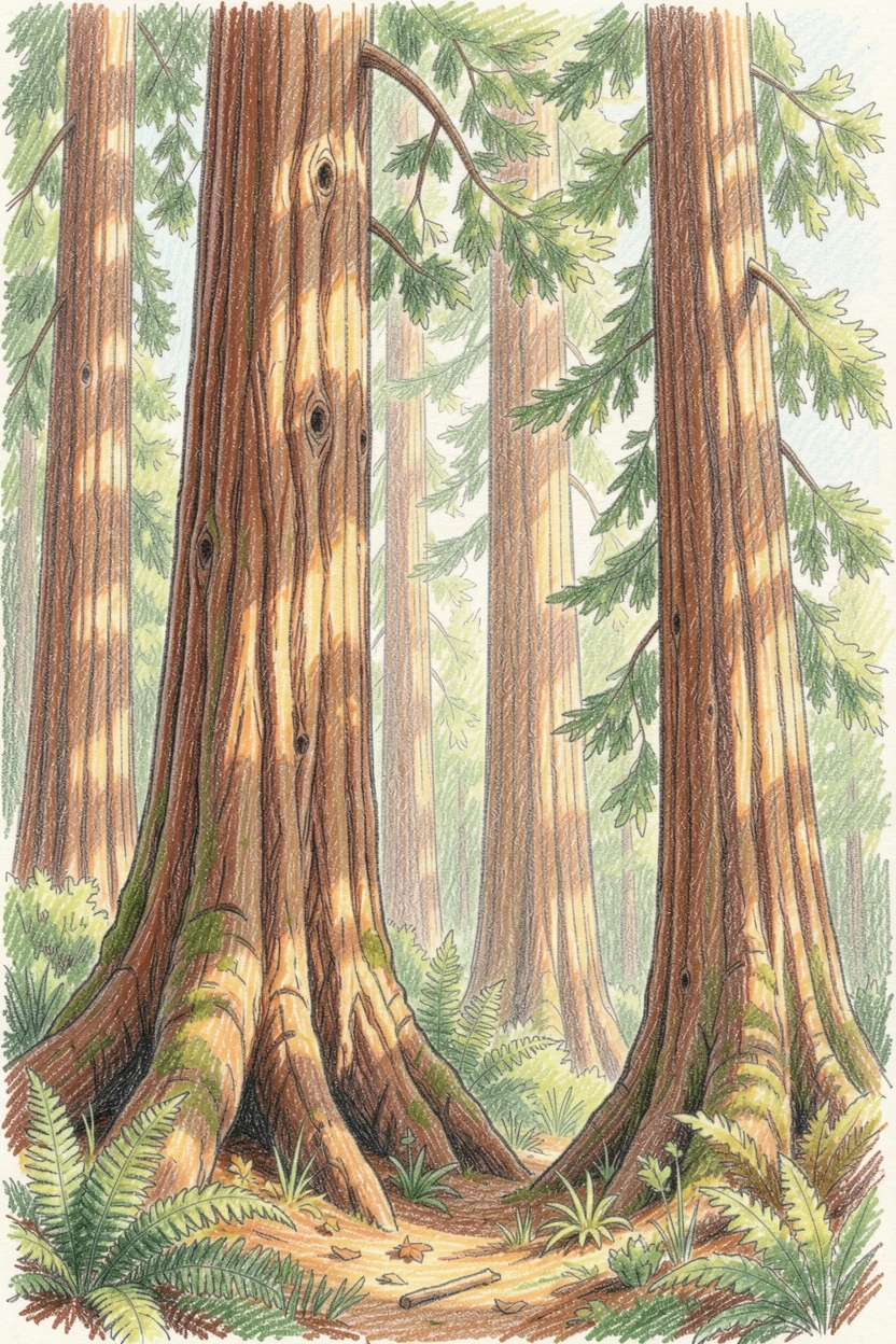 A national park vista with towering redwoods and dappled light, with rich, inviting textures throughout the scene, designed to feel inviting, memorable, and shareable.