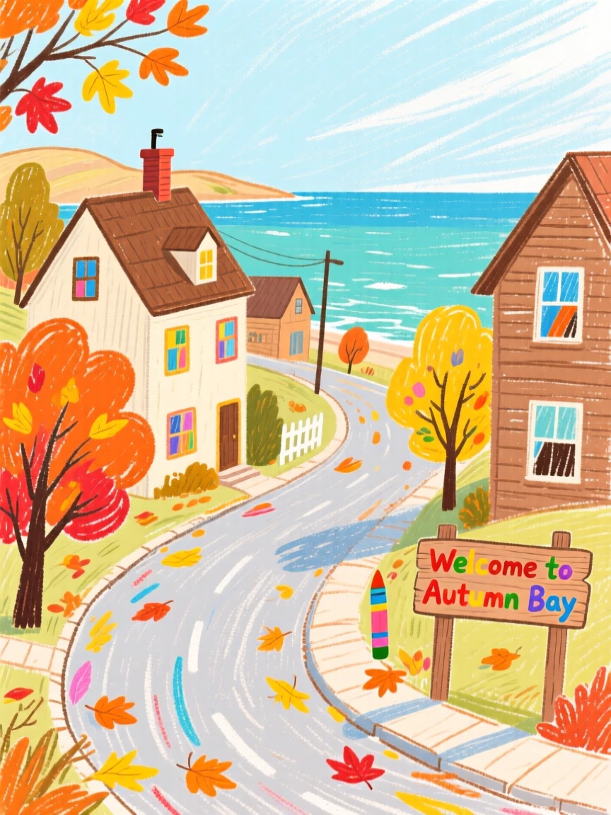 A view of a coastal town dusted with autumn leaves along its streets.