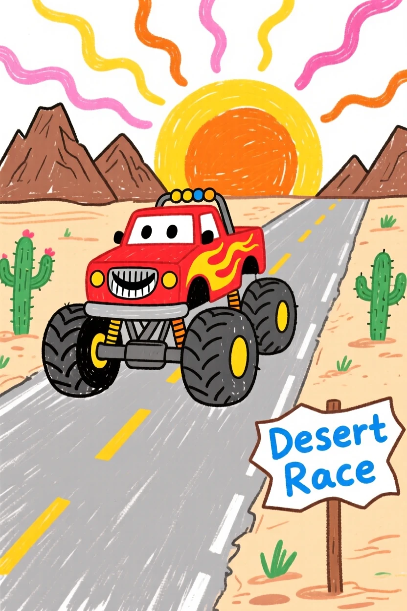 A rugged monster truck racing along a desert highway at sunrise.