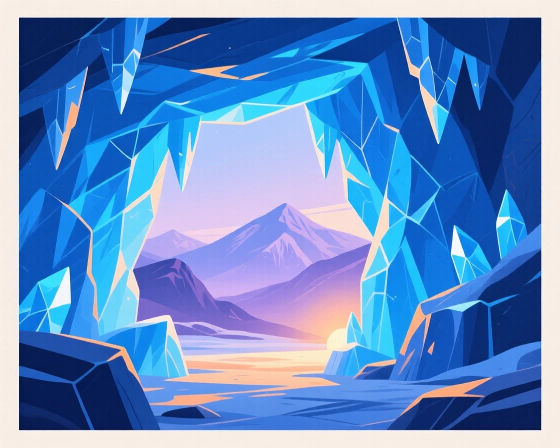 A grand ice cave glowing blue within a glacier, with distant mountains fading into soft haze, captured with warm inviting light filling the frame, with a nostalgic, postcard-like charm.