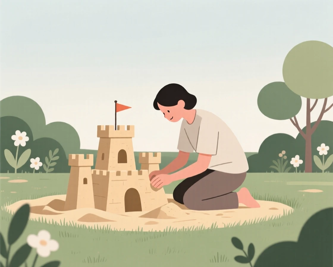 A person building a sandcastle in a peaceful garden.