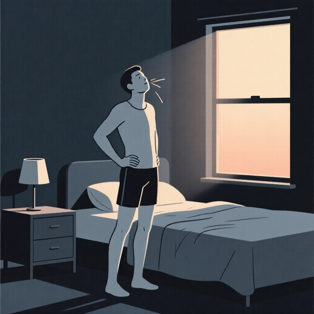 A quiet moment of quiet relief as a runner catching their breath pauses in a dim bedroom at night beside fading sunlight.