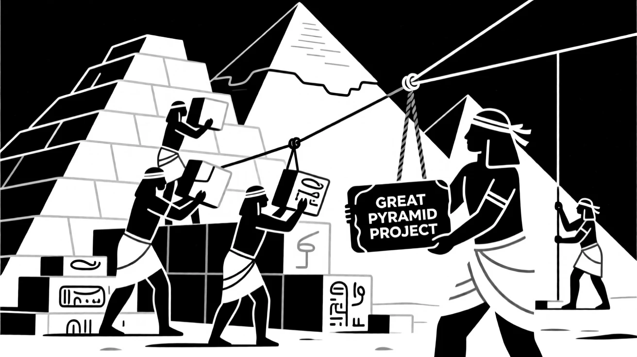Ancient Egyptian workers building a great pyramid.