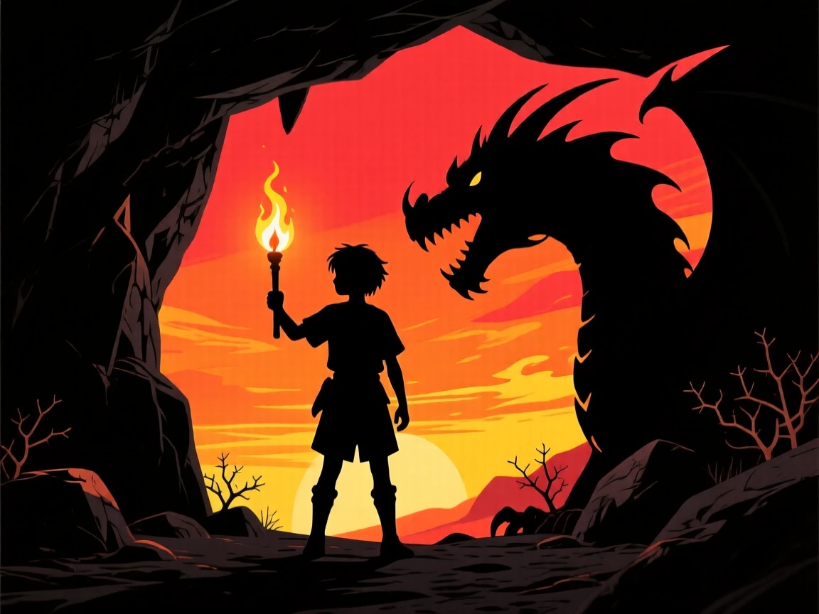 A young hero standing at the mouth of a dragon's cave, torch in hand.