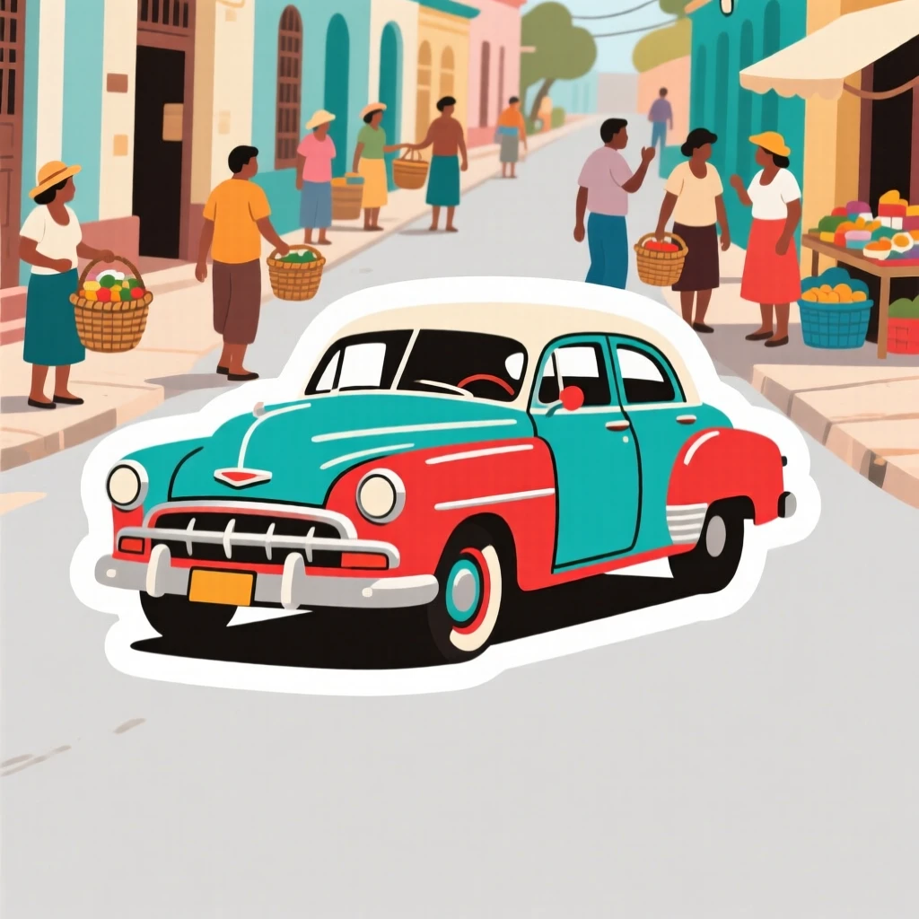 A charmingly authentic Cuban vintage car in vibrant color, with locals going about their day, on a warm and welcoming afternoon.