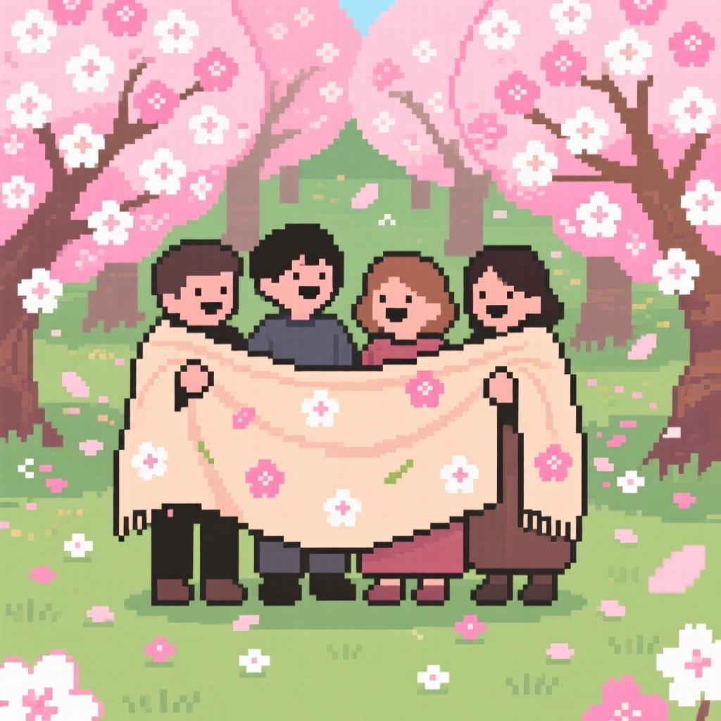 A group of carolers covered in a blanket of fresh spring blossoms, in a garden bursting with cherry blossoms.