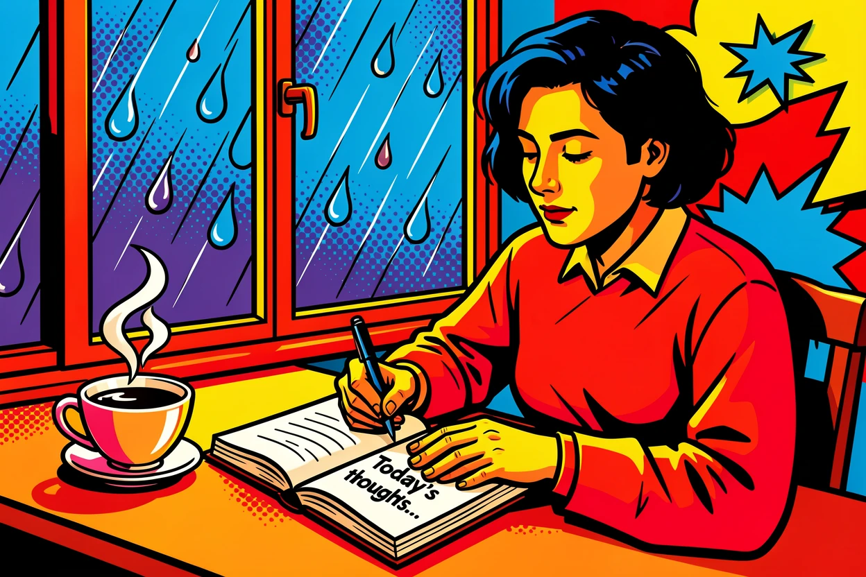 Someone journaling with tea by a rainy window