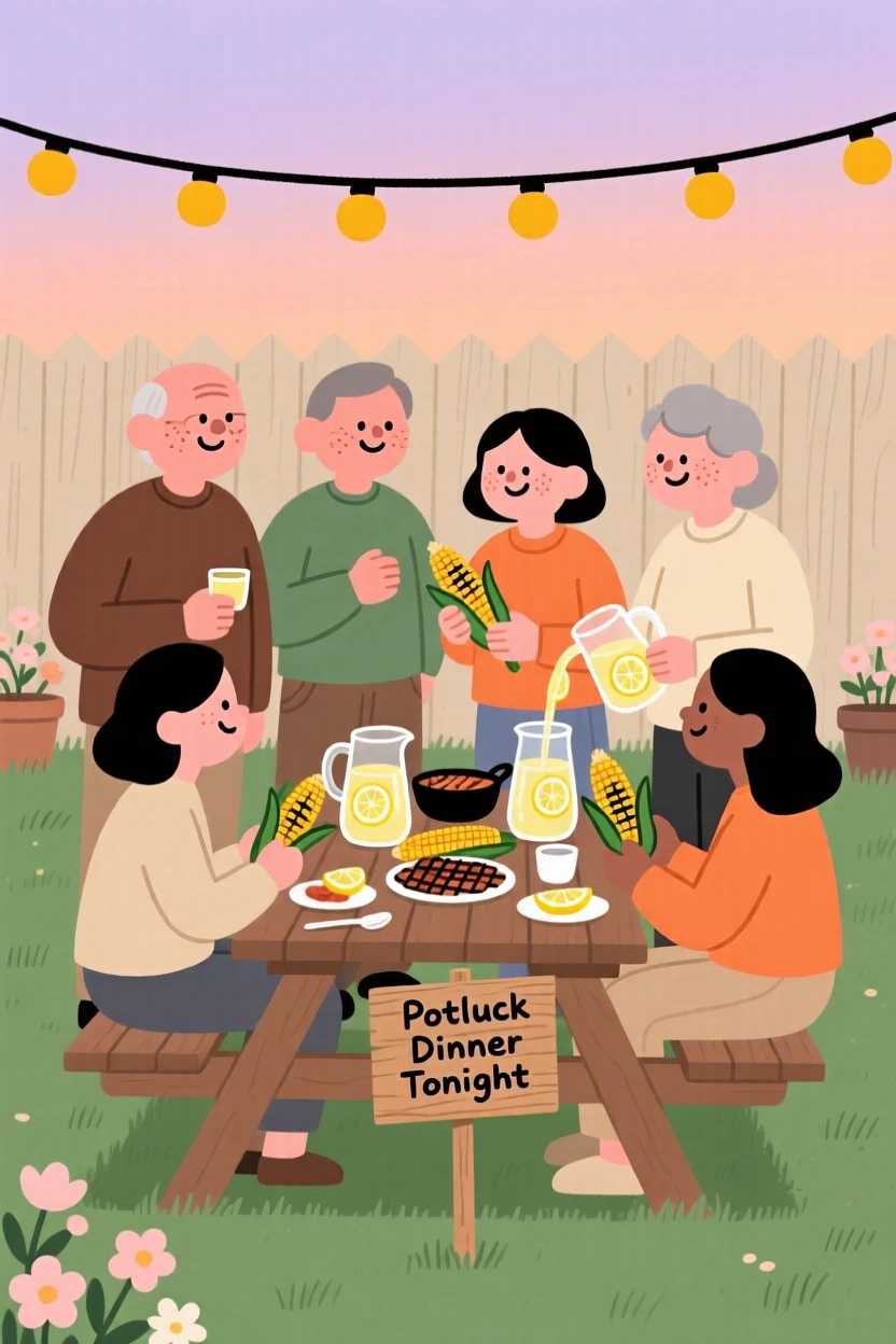 Neighbors gather for a potluck dinner in the backyard, sharing grilled corn and lemonade and conversation as the smell of fresh grass fills the warm evening air.