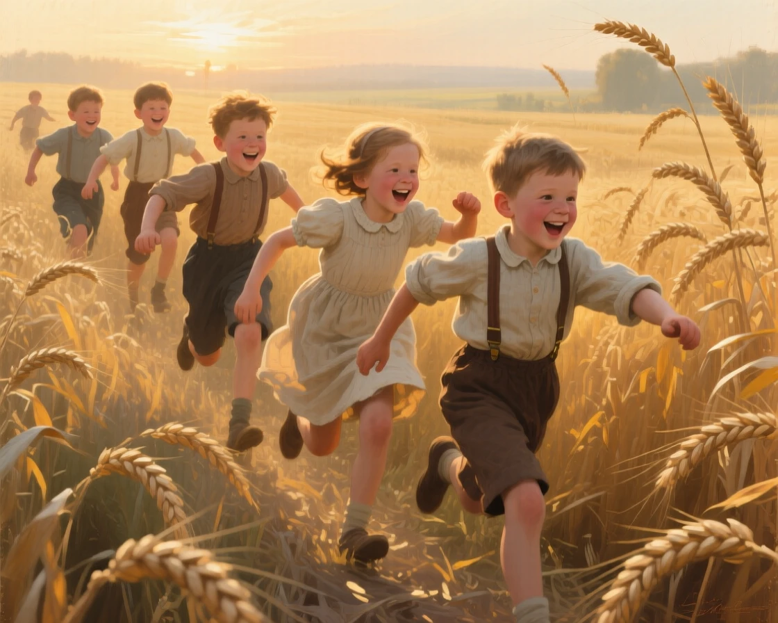 A tightly framed close-up of a group of children chasing each other through a wheat field, at golden hour, in the 1940s.