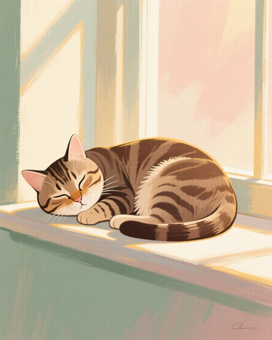 A tabby cat curled asleep on a sunlit windowsill