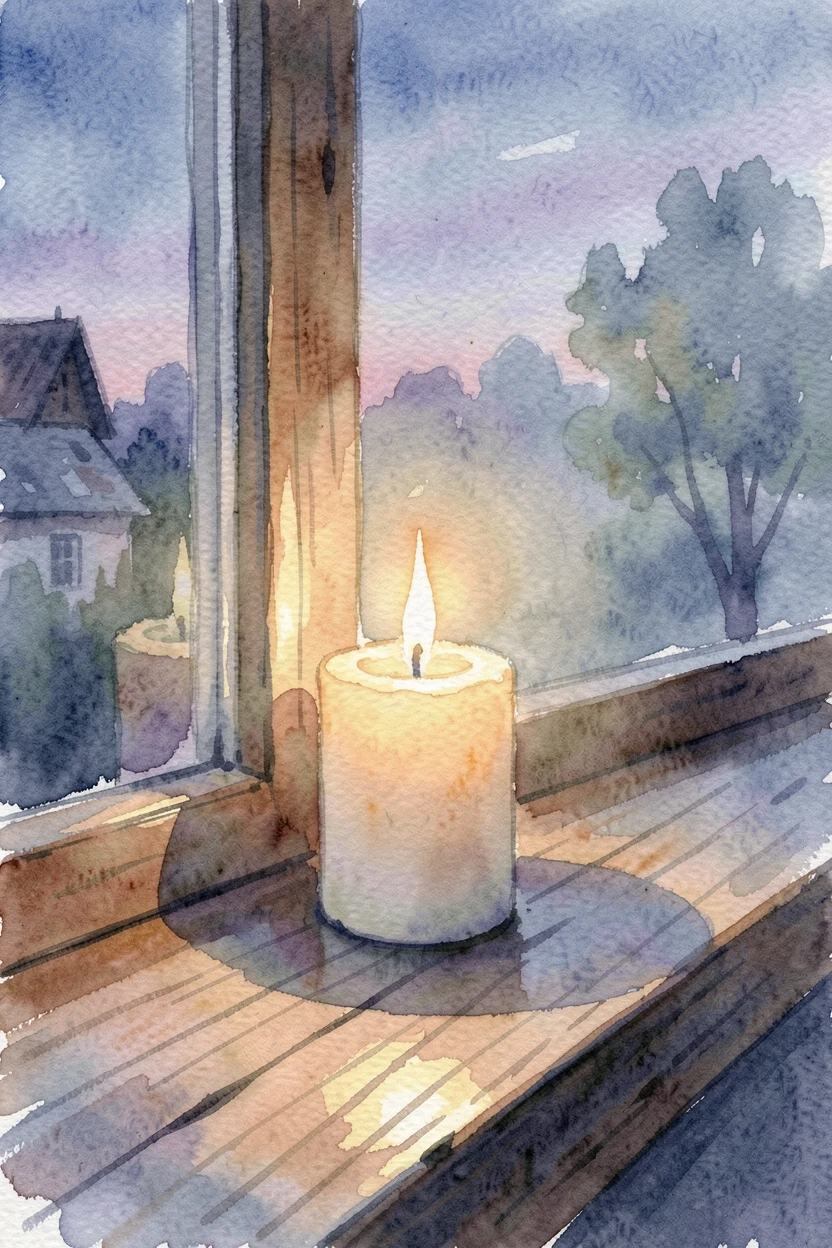 A single candle glowing on a windowsill during a quiet evening with a serene and unhurried atmosphere.
