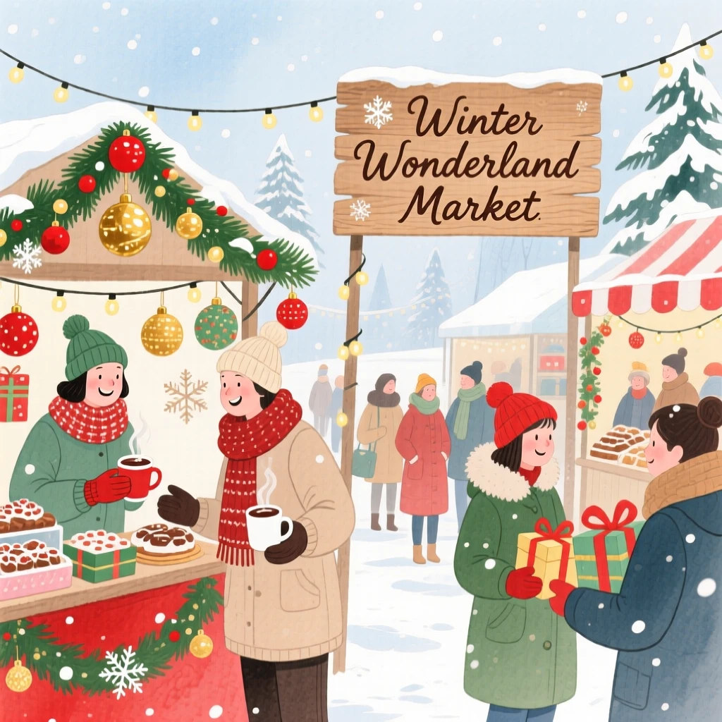 A joyful scene of a winter holiday market, surrounded by colorful decorations, capturing the warmth of the celebration