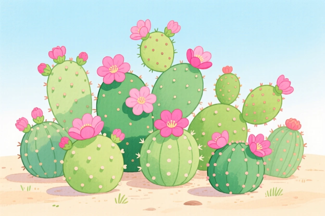 A cactus garden blooming with pink flowers, vivid and full of life.