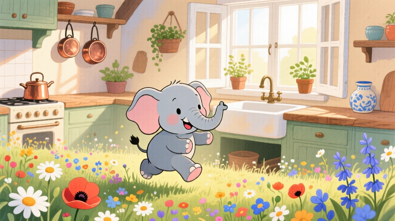 A baby elephant hopping through a meadow of wildflowers, set in a cozy farmhouse kitchen with morning light streaming in, showing unconditional love and loyalty.
