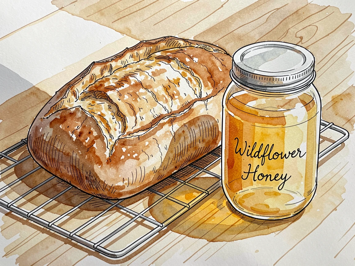 A rustic loaf of sourdough bread cooling on a wire rack beside a jar of honey, sunlight streaming across the table, highlighting every texture.