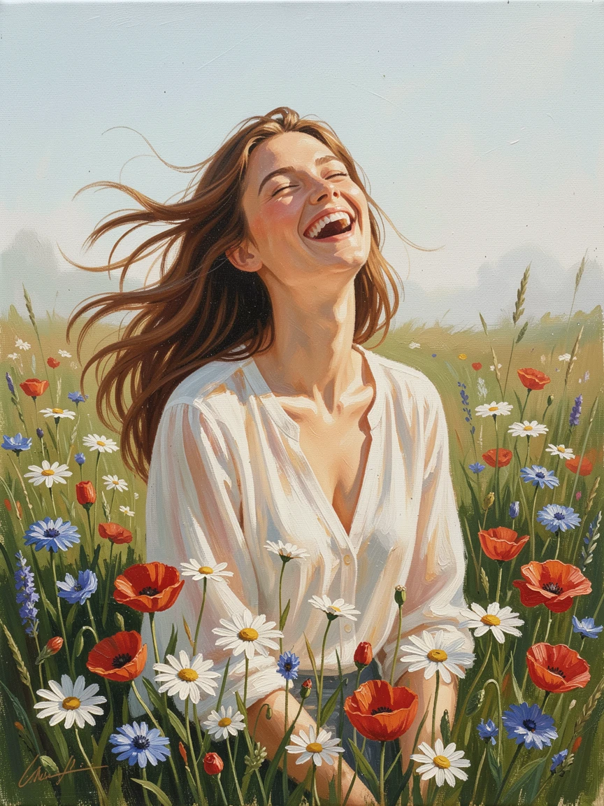 On a crisp, clear morning, a young woman laughing joyfully with her head tilted back, in a sunlit meadow scattered with wildflowers, wind catching loose strands of hair.