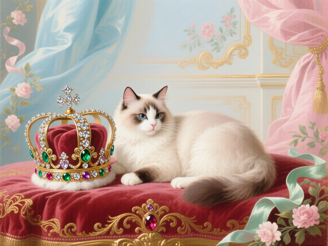A royal cat curled beside a jeweled crown on a velvet cushion  