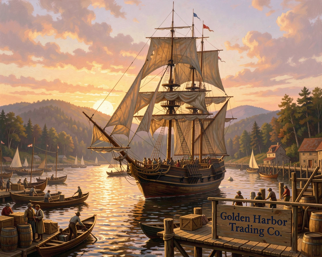 A ship at anchor rests beneath the last rays of a golden afternoon above a bustling harbor.