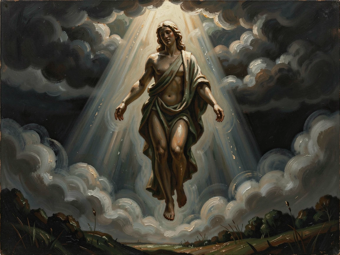 A celestial being descending gently through a beam of heavenly light, as beams of light cut dramatically through darkness or fog, combining epic scale with rich, immersive atmospheric detail
