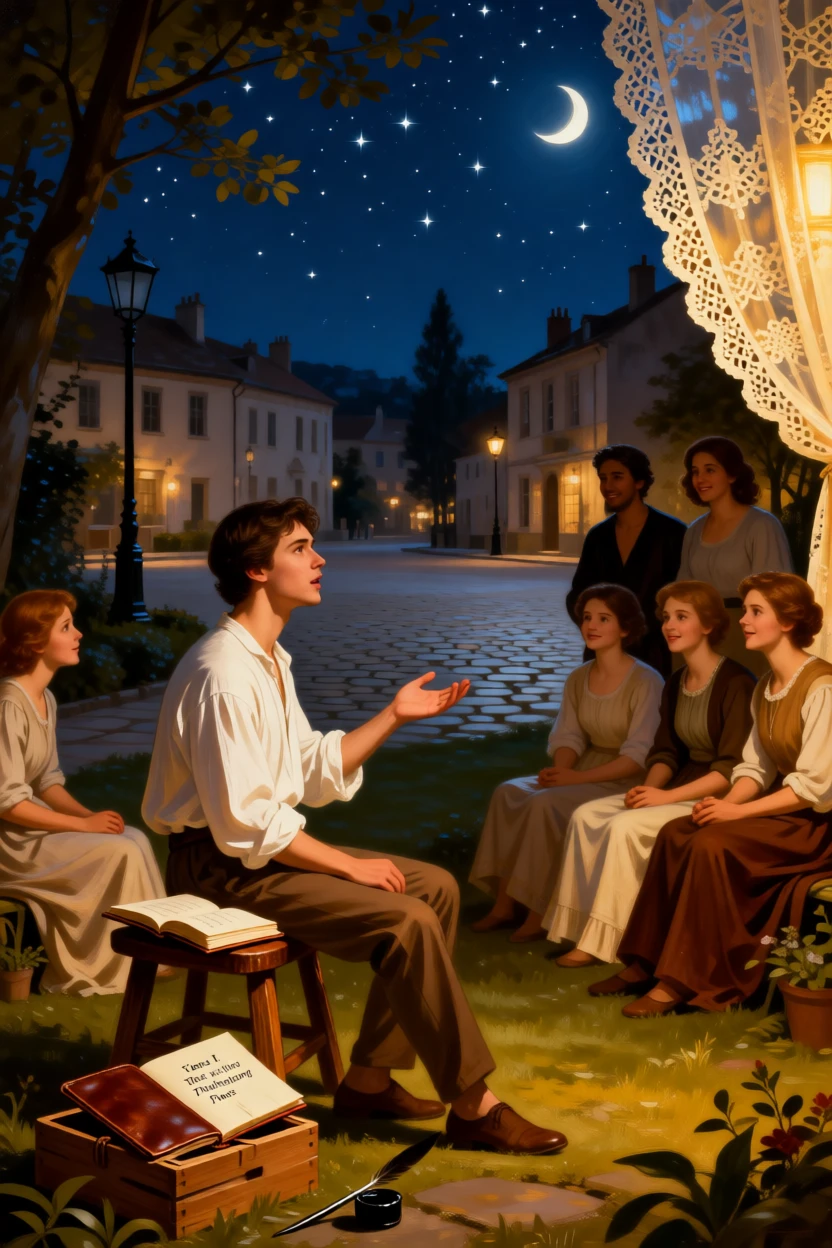 A young poet reciting verses to an enraptured garden gathering in a scene familiar yet freshly reimagined, set beneath a canopy of stars over a sleepy village square, with a crescent moon rising behind delicate lace curtains; foreground props hint at the tale without overwhelming the central figure, capturing the enchantment of tales passed down through generations.