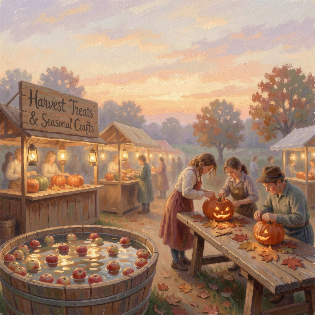A community harvest festival with lantern-lit stalls, apple bobbing, and pumpkin carving under an autumn sky, evoking a sense of peace and quiet wonder.